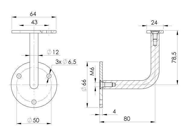 Edelstahl Handlaufstütze Handlaufhalter Handlaufträger Wandhalter M6 mit Platte Flach geschliffen K320